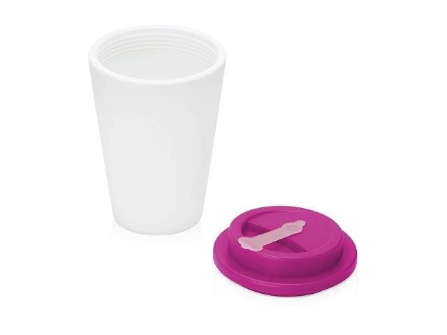 Пластиковый стакан Take away с двойными стенками и крышкой с силиконовым клапаном, 350 мл, белый/фуксия