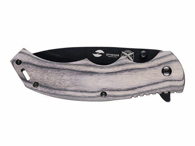 Нож складной Stinger, 120 мм, (чёрный), материал рукояти: дерево/сталь (серый), в картонной коробке