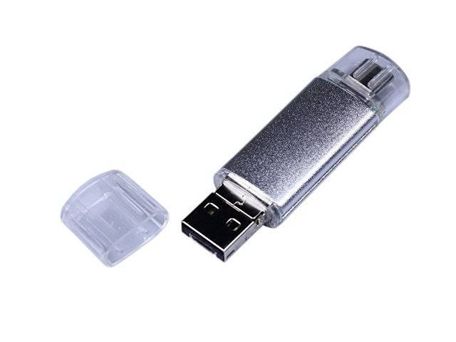 USB-флешка на 64 ГБ c двумя дополнительными разъемами MicroUSB и TypeC, серебро