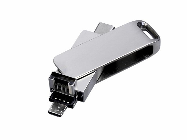 USB 2.0-флешка на 32 Гб поворотный механизм, c дополнительным разъемом Micro USB с одноцветным металлическим клипом