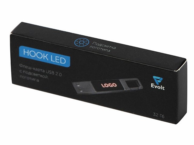 USB 2.0- флешка на 32 Гб c подсветкой логотипа «Hook LED», темно-серый, красная подсветка